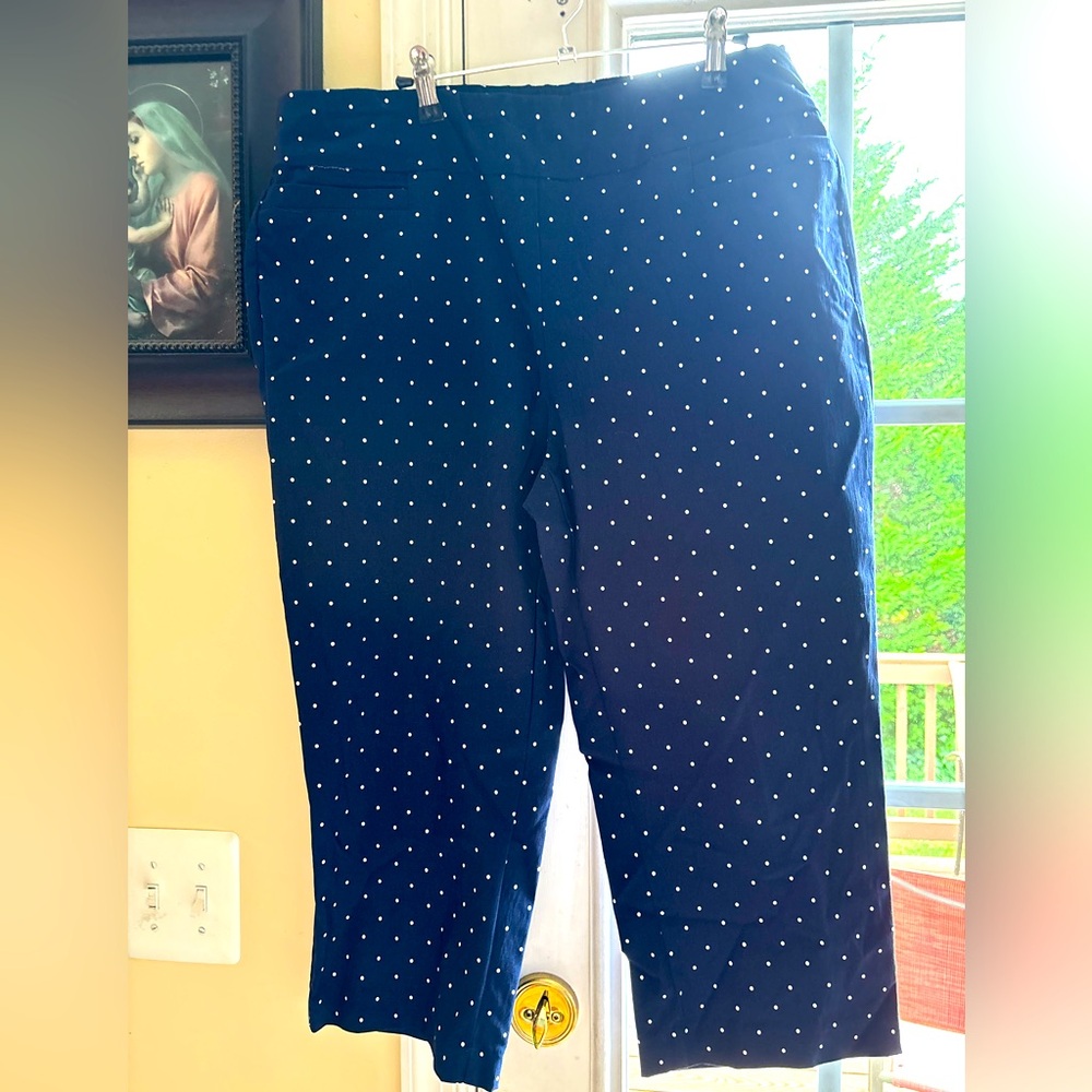 Kim Rogers Navy and White Polka Dot Capri Pants, Sz14